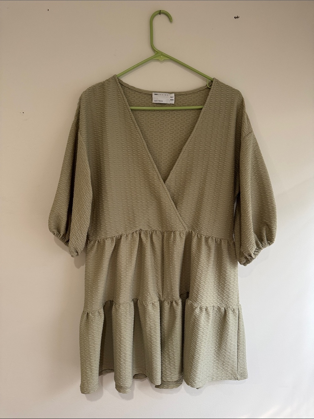 Textured V-Neck Tiered Romper in Olive Green